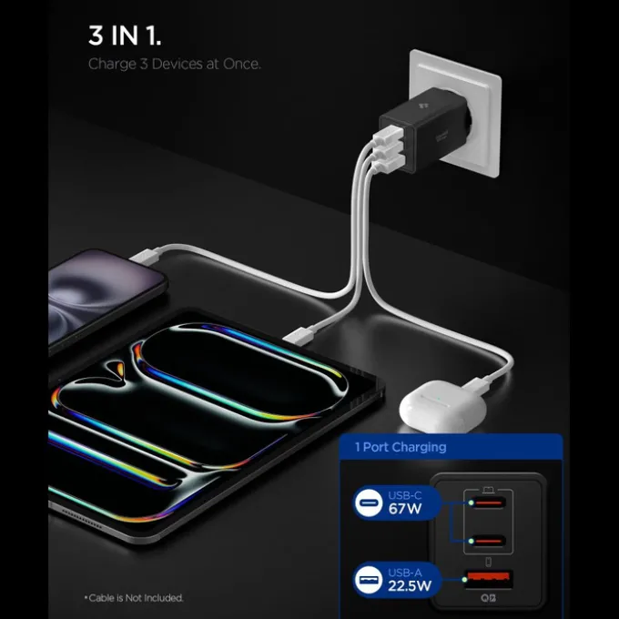 ŁADOWARKA SIECIOWA SPIGEN ESSENTIAL EE673EU 3-PORTOWA 67W CZARNA