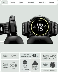 ETUI SPIGEN GOOGLE PIXEL WATCH 4 45mm RUGGED ARMOR PRO Z PODSTAWKĄ CZARNE