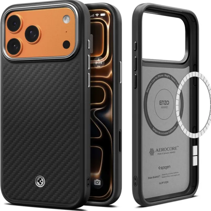 ETUI SPIGEN IPHONE 17 PRO ENZO ARAMID ”T” MAG MAGSAFE BLACK/SILVER